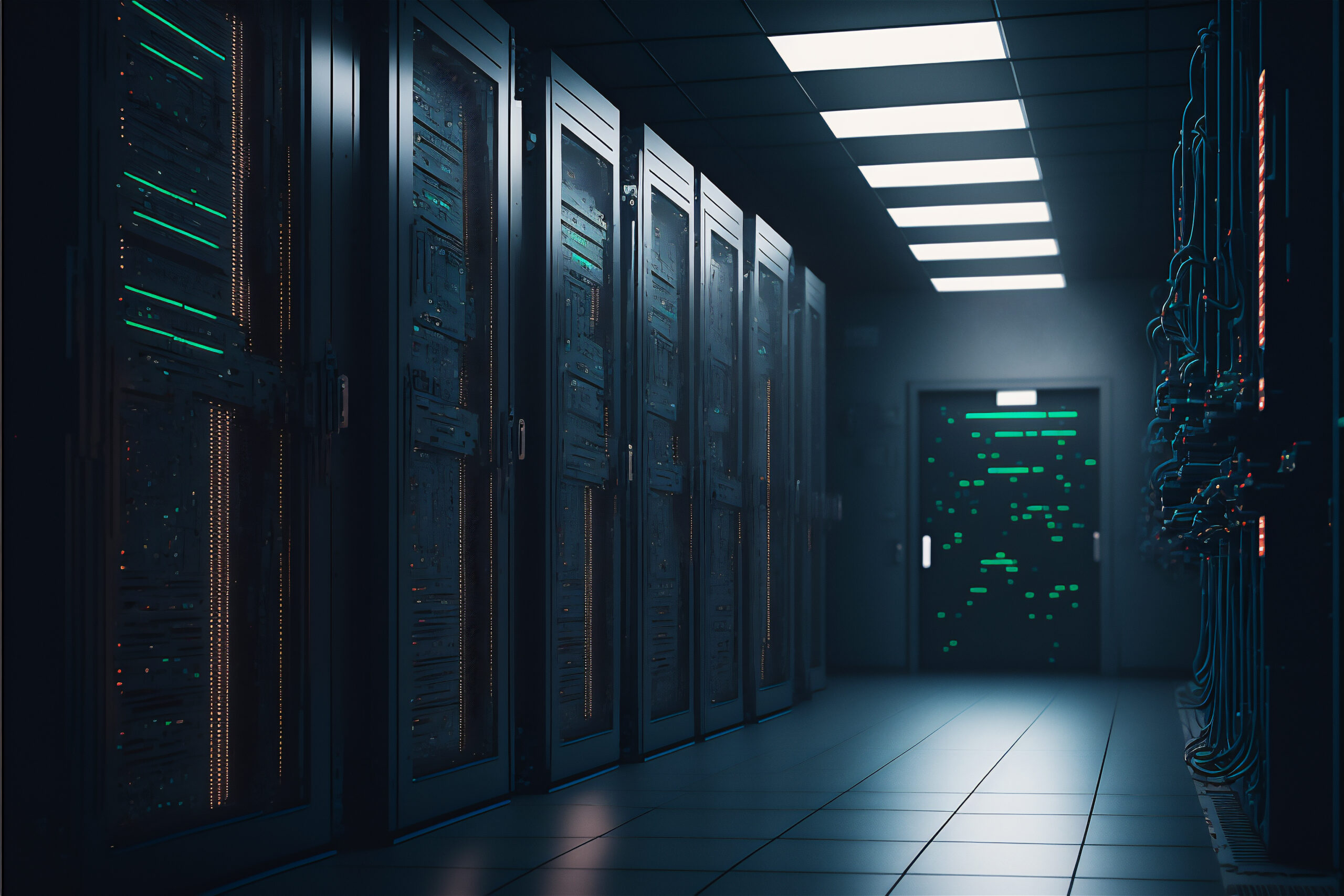 Cloud rack equipment room with big data cyber internet content. Blue light server interior modern communication storage hardware system hub.